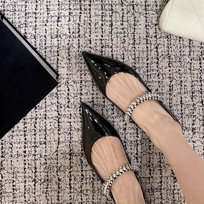 2025 Sheepskin version~ Grape mother, the same elegant small pointed sparkling diamond with versatile leopard print light mouth Mary Jane single shoes women
