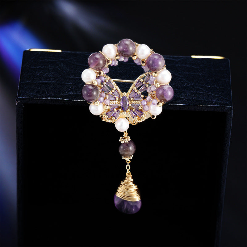 2025 Chinese niche freshwater pearl amethyst ring pendant brooch light luxury design corsage suit coat accessories