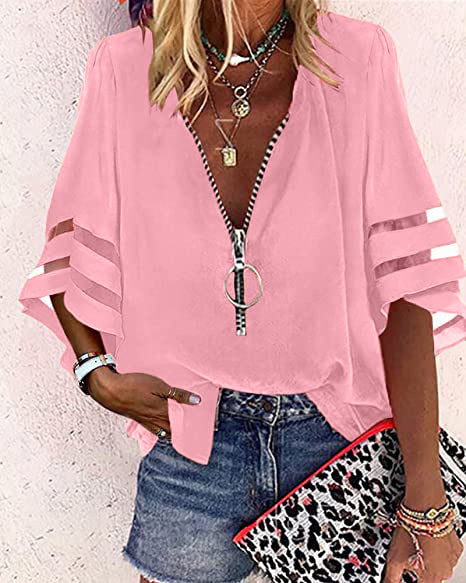 2025 Popular, , 's new V-neck zipper shirt, half-flared sleeve grid splicing, loose casual shirt women