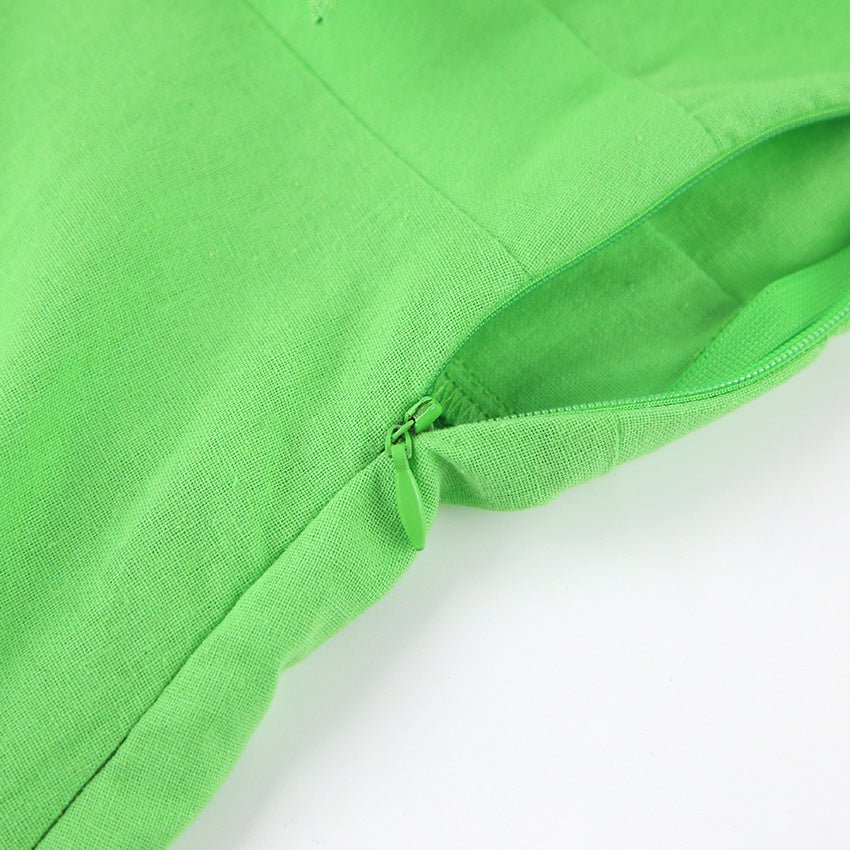 2025 summer new Feifei sleeve cotton and linen commuter dress bow V-neck hollow slim-fitting waist A-shaped skirt women