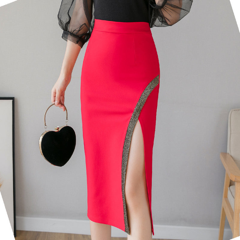 2025 Large size crystal strip splicing split skirt women's spring and summer new sexy and thin hip skirt medium and long professional wear