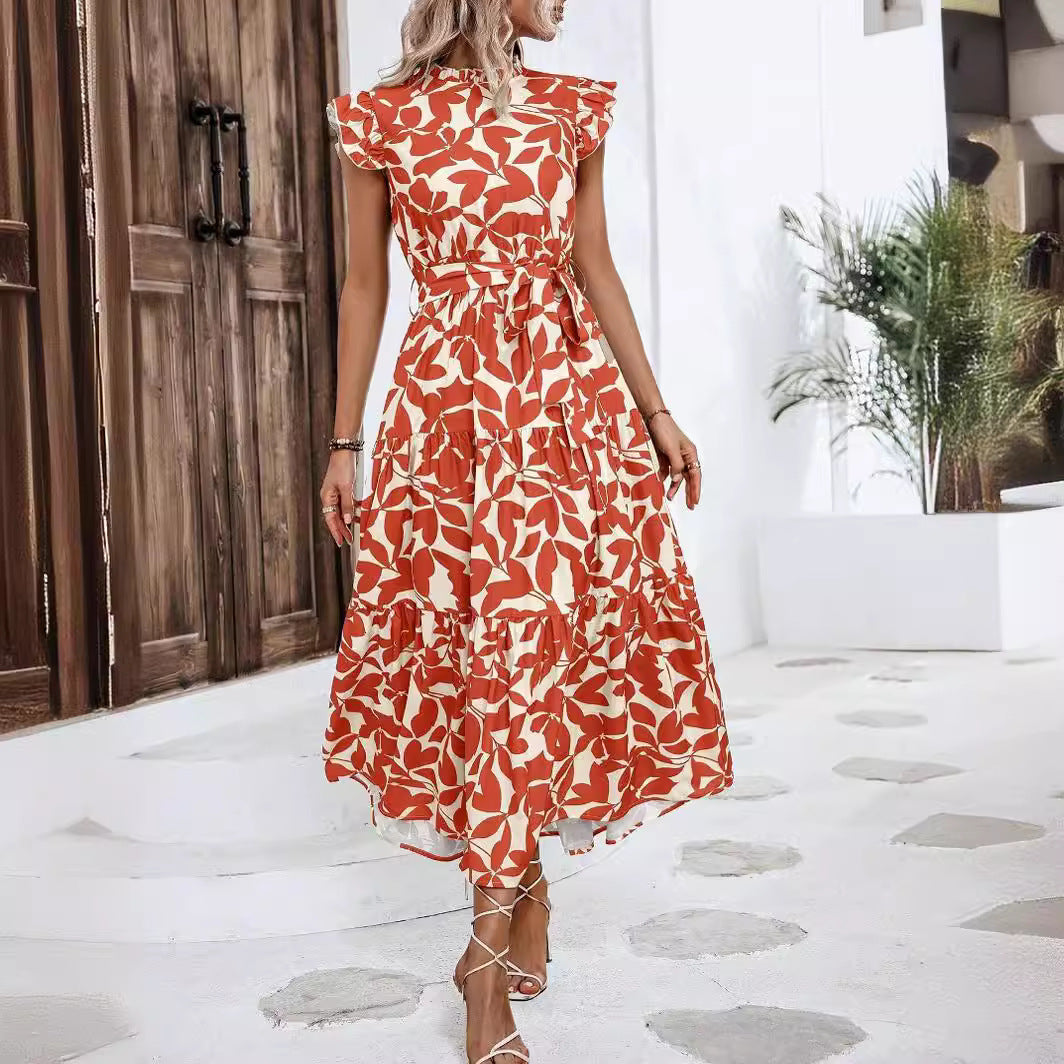 2025 Popular, , New women's clothing summer new fashion fungus edge flying sleeves lace-up printed fairy skirt