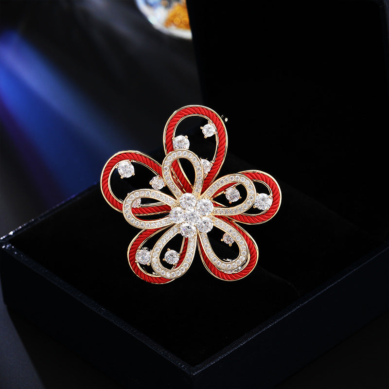 2025 Good luck red rope sunflower brooch light luxury niche design corsage slightly inlaid zircon fashion coat suit accessories