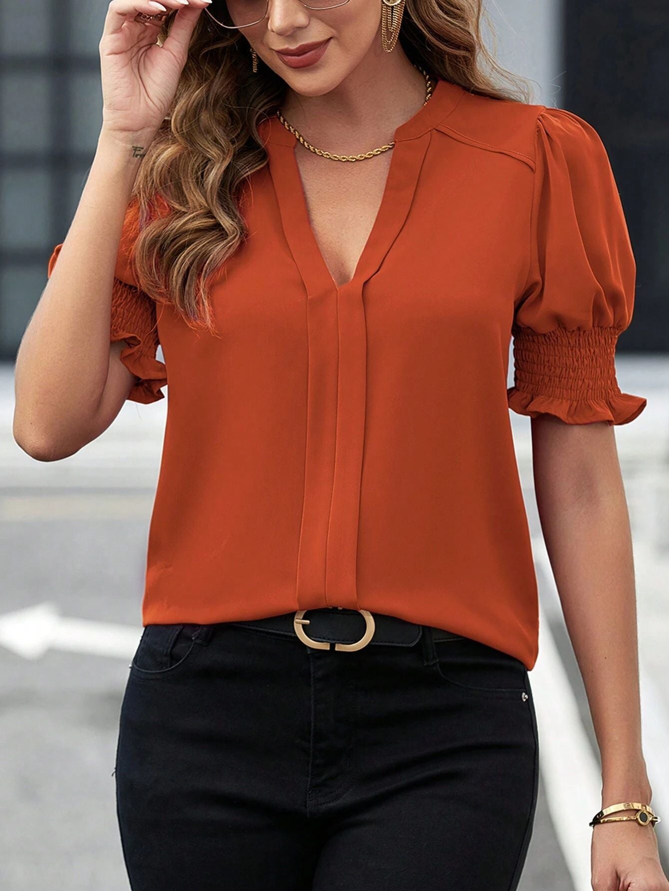 2025 Popular, , New women's clothing summer new V-neck temperament bubble sleeves solid color shirt blouse