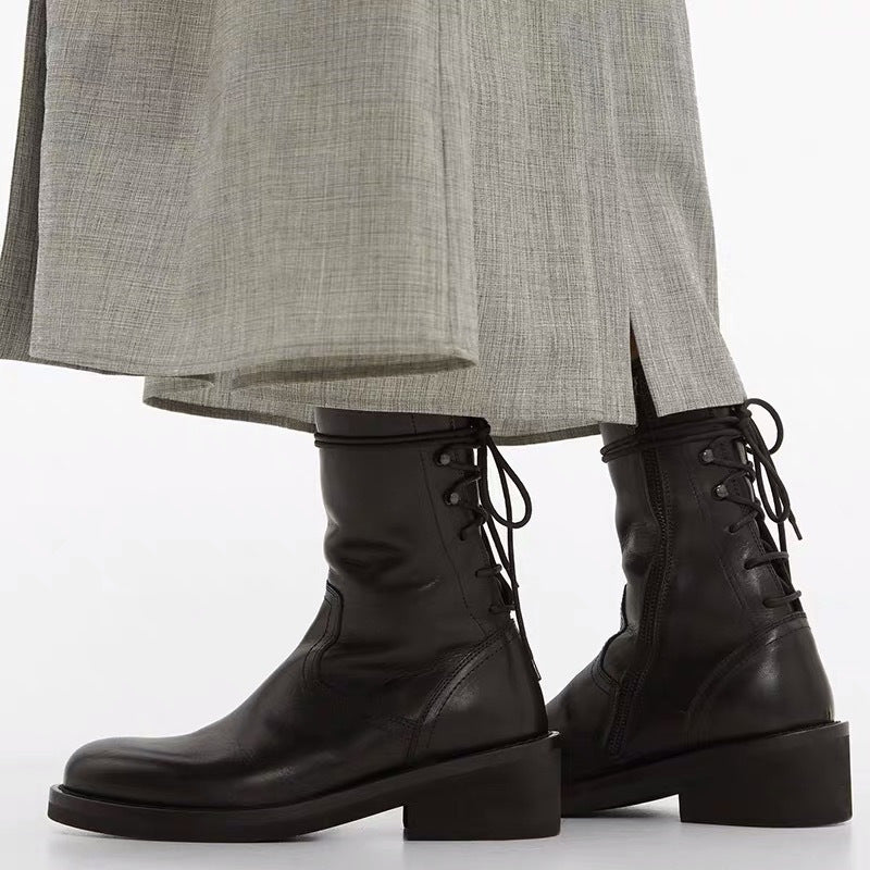 2025 Cowhide version~ New handsome black locomotive boots British style mid-tube boots lace-up Martin boots thick-soled short boots