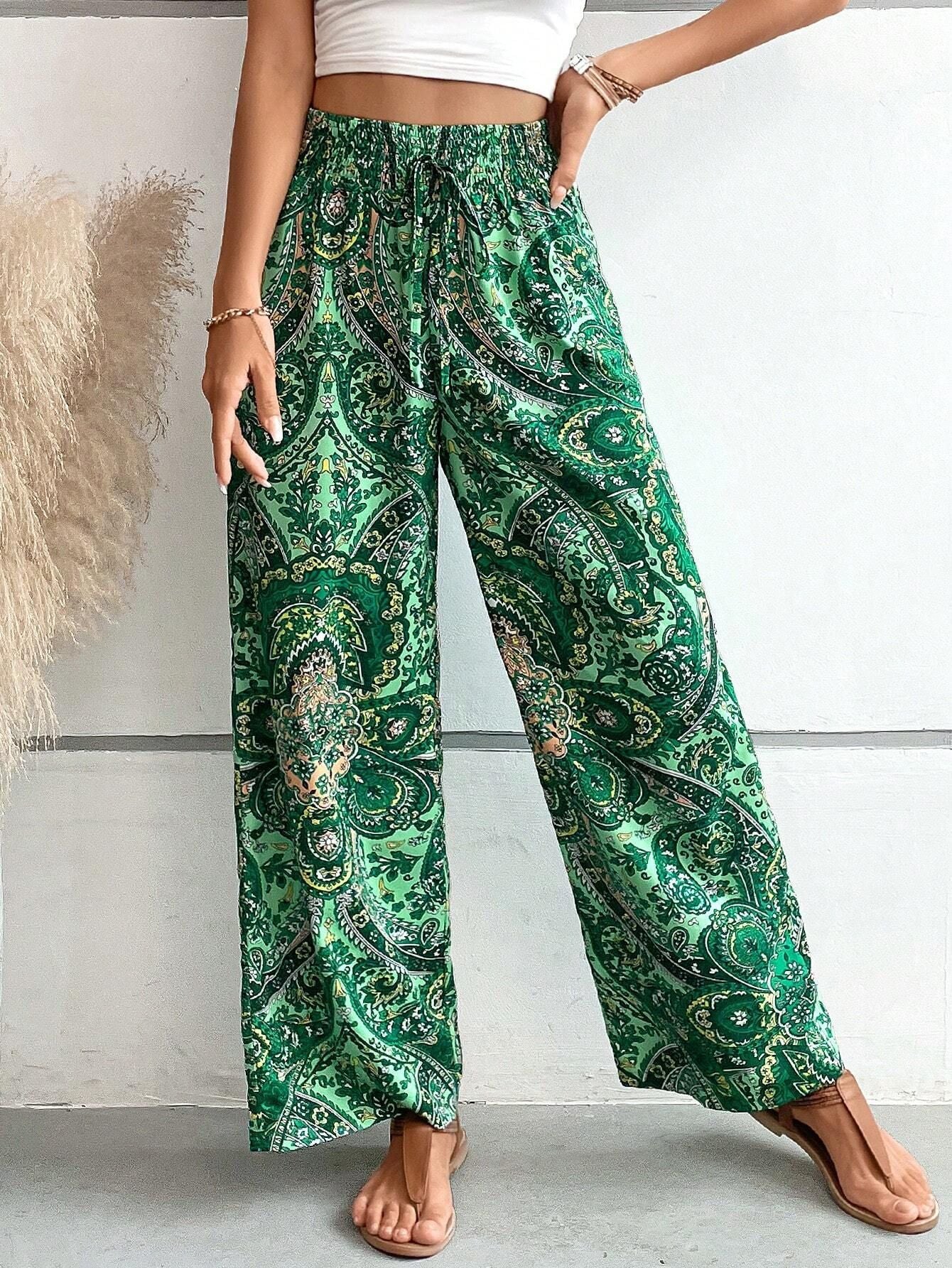 2025 Tiktoktemu women's clothing summer new fashionable versatile printed elastic waist wide-leg pants