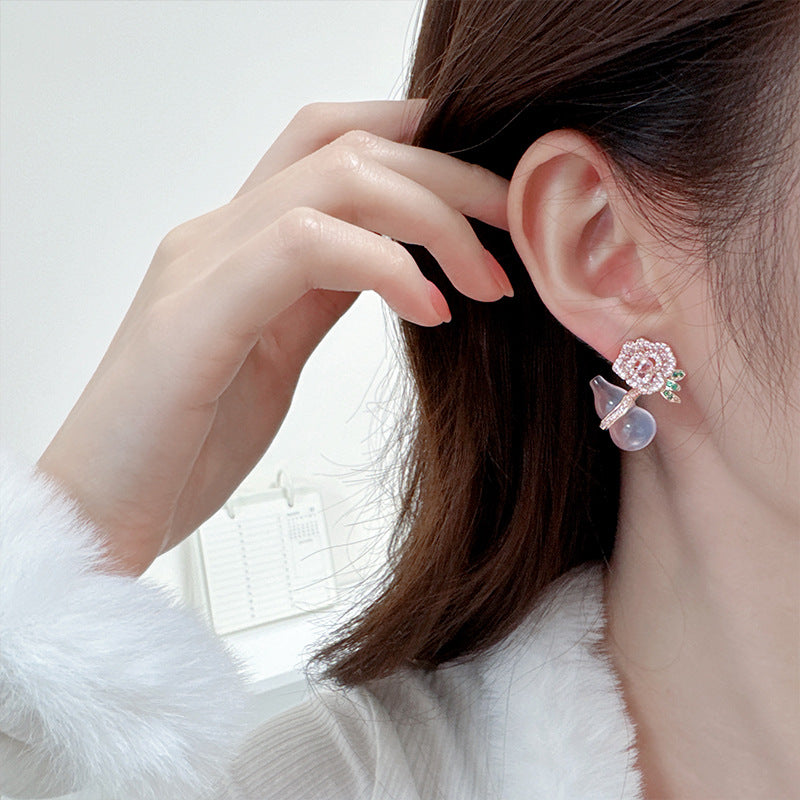 2025 New Chinese style flower purple chalcedony gourd earrings s925 silver needle light luxury high-end niche national trend rose earrings