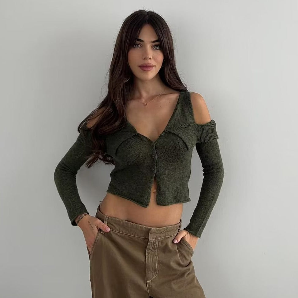 jinran fall outfits women Spring New Knitted Cardigan V-neck Flanging Slim-Fit Short off-Shoulder Long Sleeve Women's Sweater