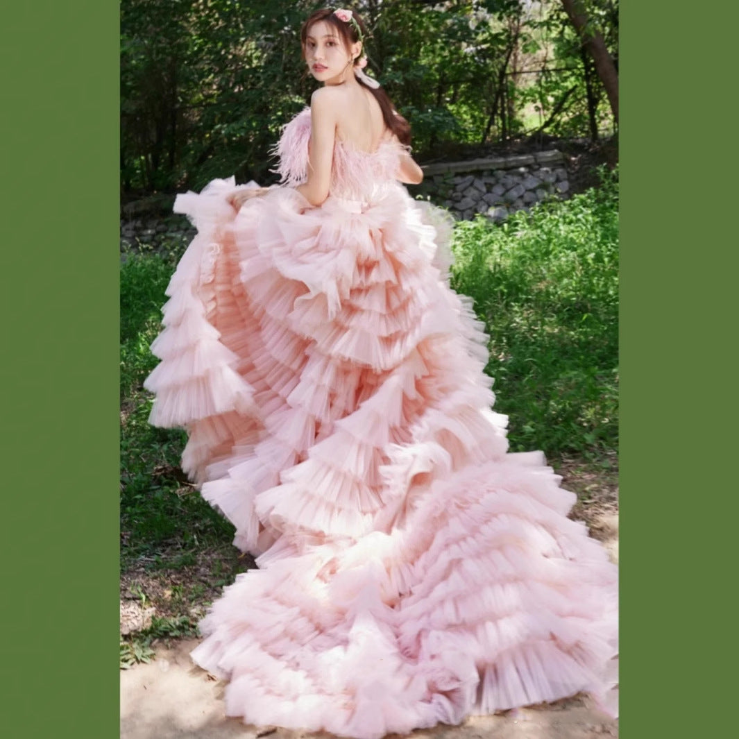Exhibition color dress 2025 new studio theme wedding dress Mori couple travel photo clothing street photo trailing wedding dress