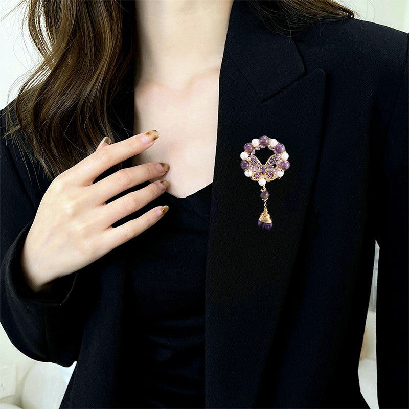 2025 Chinese niche freshwater pearl amethyst ring pendant brooch light luxury design corsage suit coat accessories