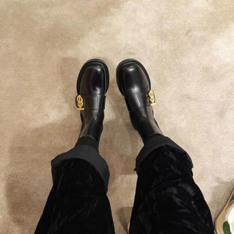 2025 Cowhide version~ New British style letter metal buckle round head cigarette boots Chelsea boots women's platform women's boots