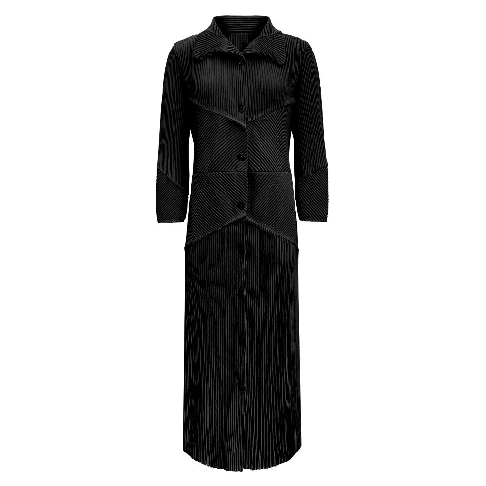 2025 spring new single-breasted long-sleeved lace-up dress medium and long Korean version simple loose pleated A-shaped skirt