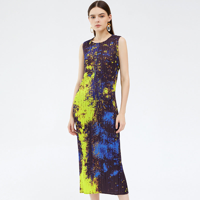 2025 summer new thin starry sky printing dress women's sleeveless temperament elegant medium and long a-word skirt Miyake