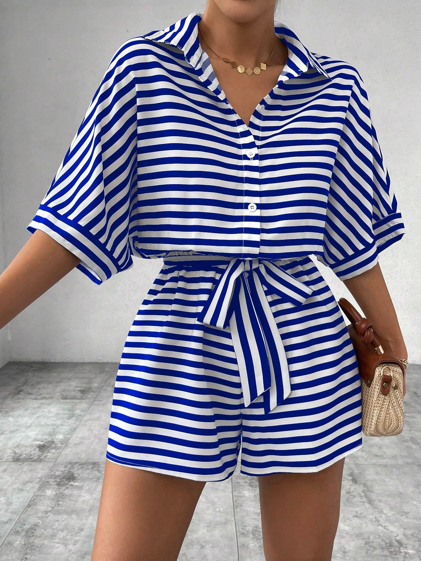 2025 spring and summer Popular trade New striped lapel cardigan button medium sleeve belt shorts set onesie women