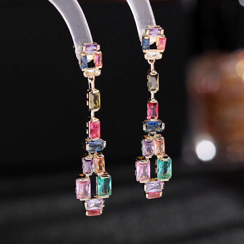 2025 Korean design sense contrasting gemstone crystal long S925 silver needle earrings women's micro-inlaid colored zircon geometric earrings
