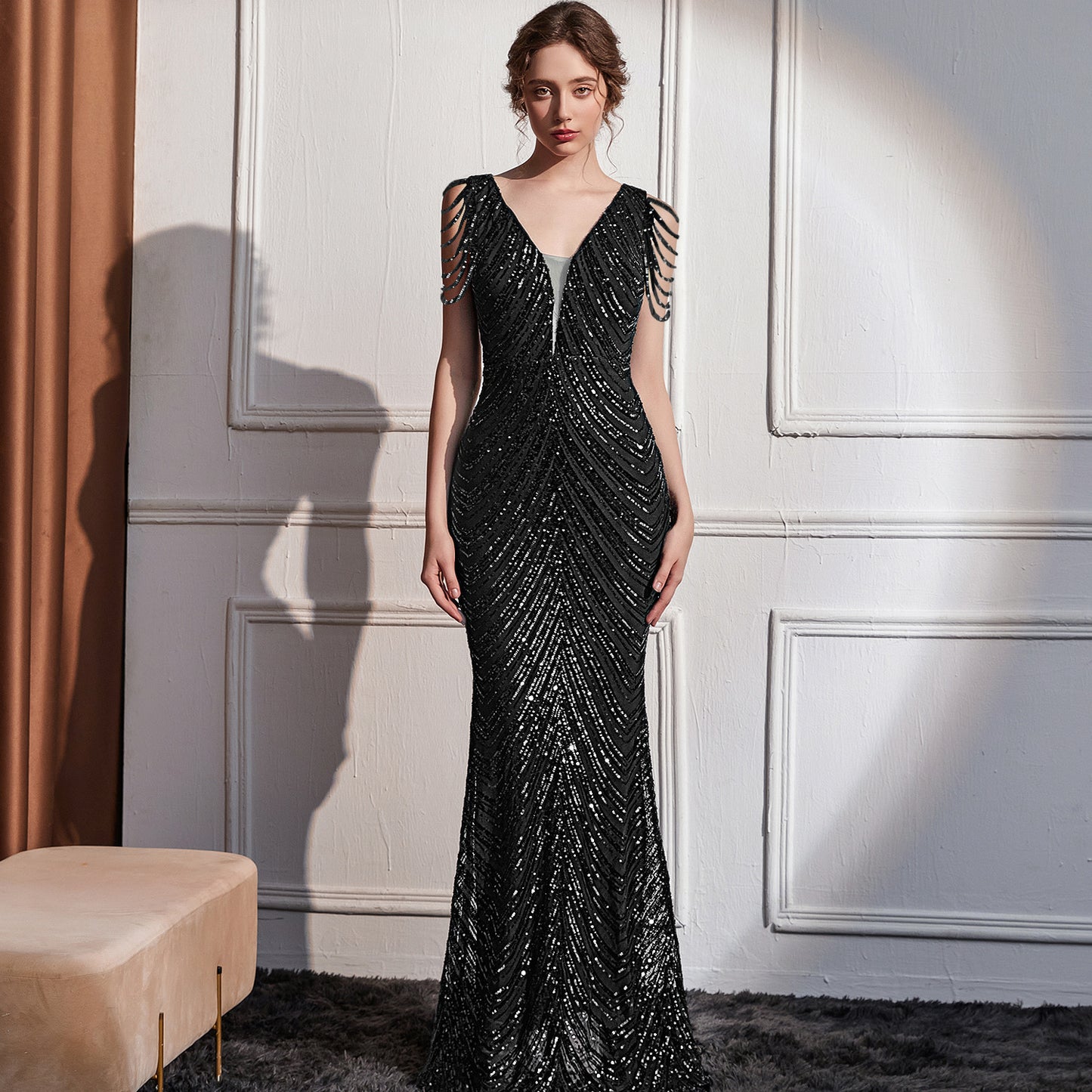 2025 Evening dress, femininity, socialite, high sense, company annual meeting host, banquet party, deep V long dress