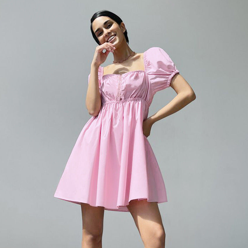 2025 summer short-sleeved short skirt women's collar hollow bow temperament pure cotton bubble sleeve dress women's clothing