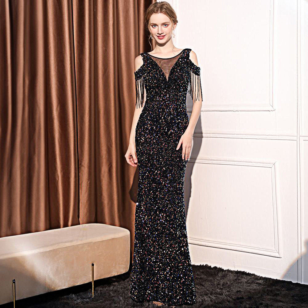2025 Evening dress dress female high-end temperament celebrity light luxury banquet party sequins long slim and thin fishtail dress