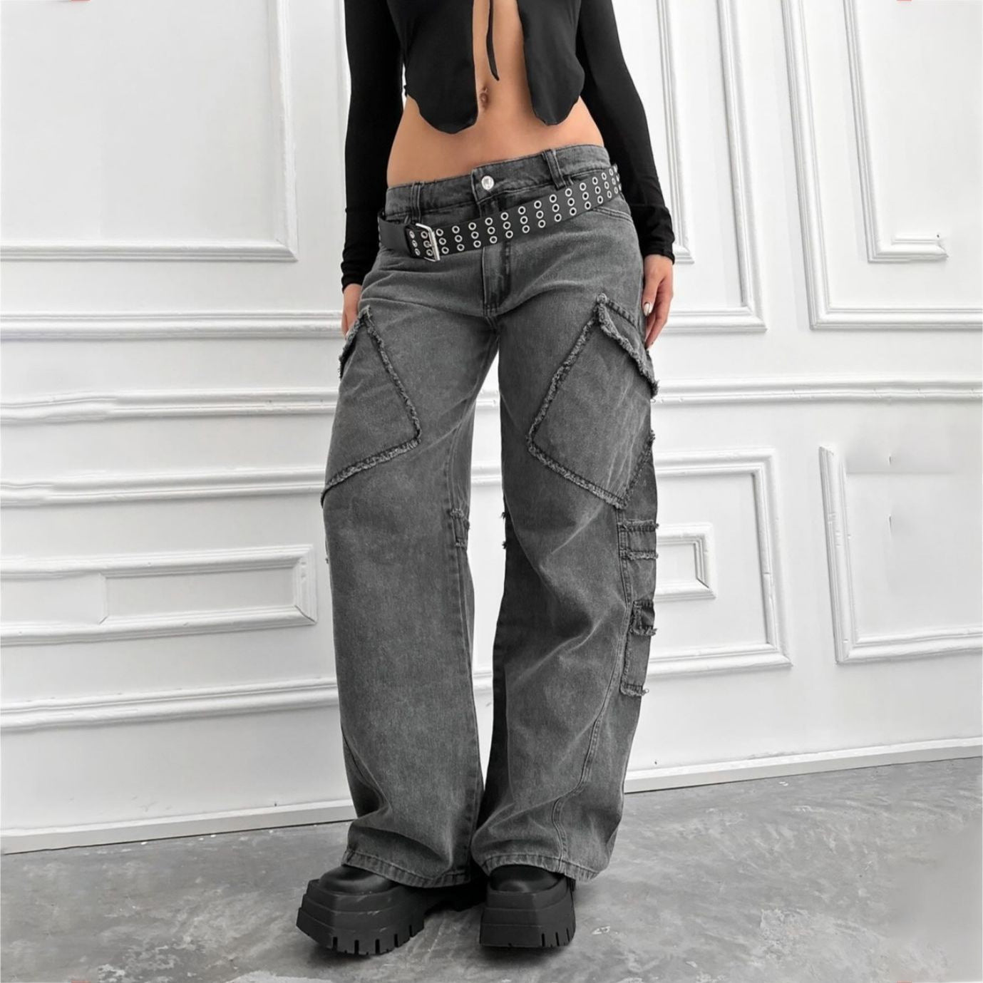 2025 n street style retro multi-pocket design jeans women's spring new Spice Girls old straight pants Popular trade
