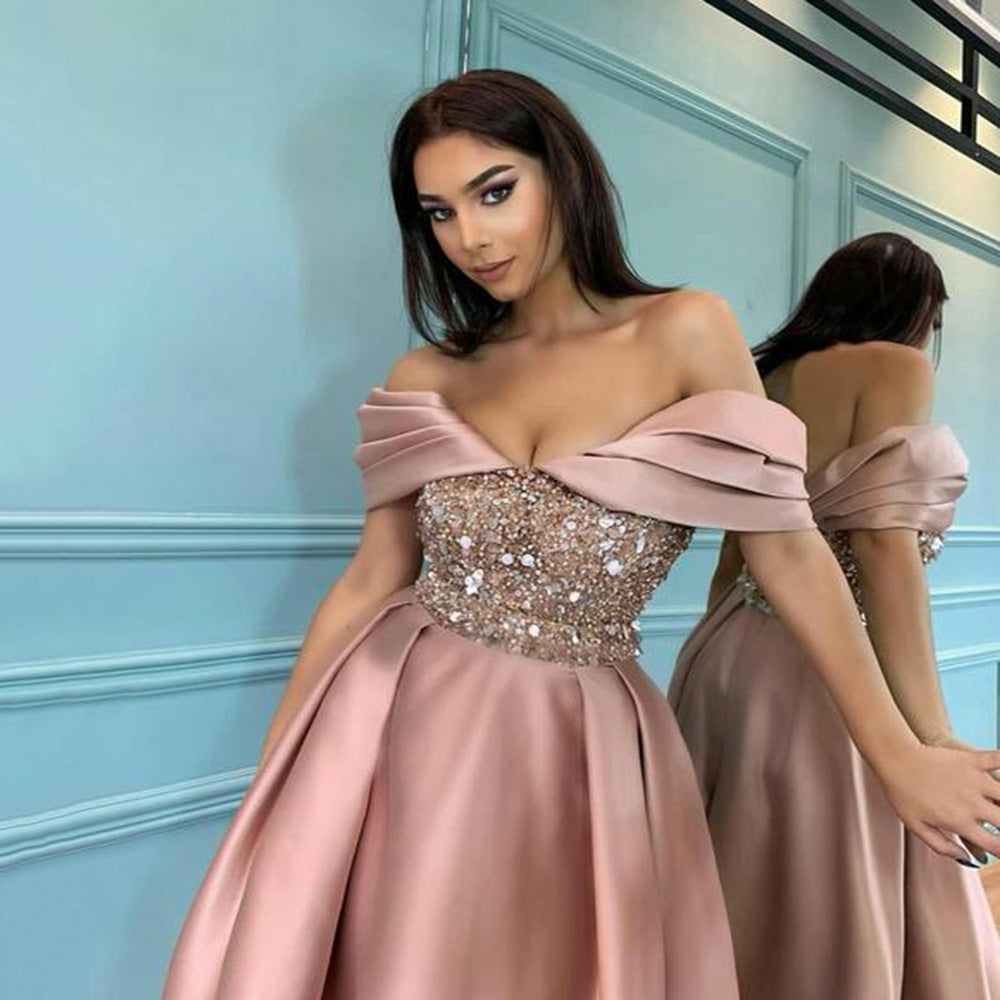 2025 New new women's clothing spring simple atmosphere long thin sequins off-the-shoulder banquet evening dress dress