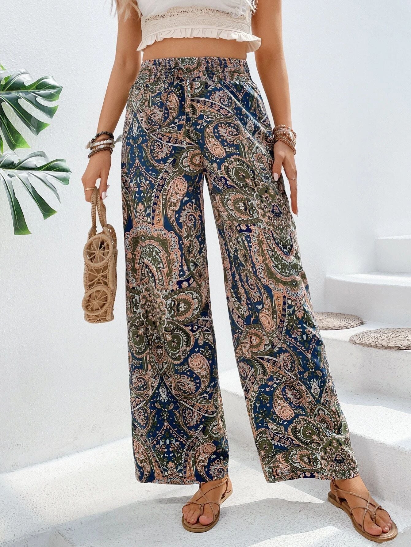 2025 Tiktoktemu women's clothing summer new fashionable versatile printed elastic waist wide-leg pants