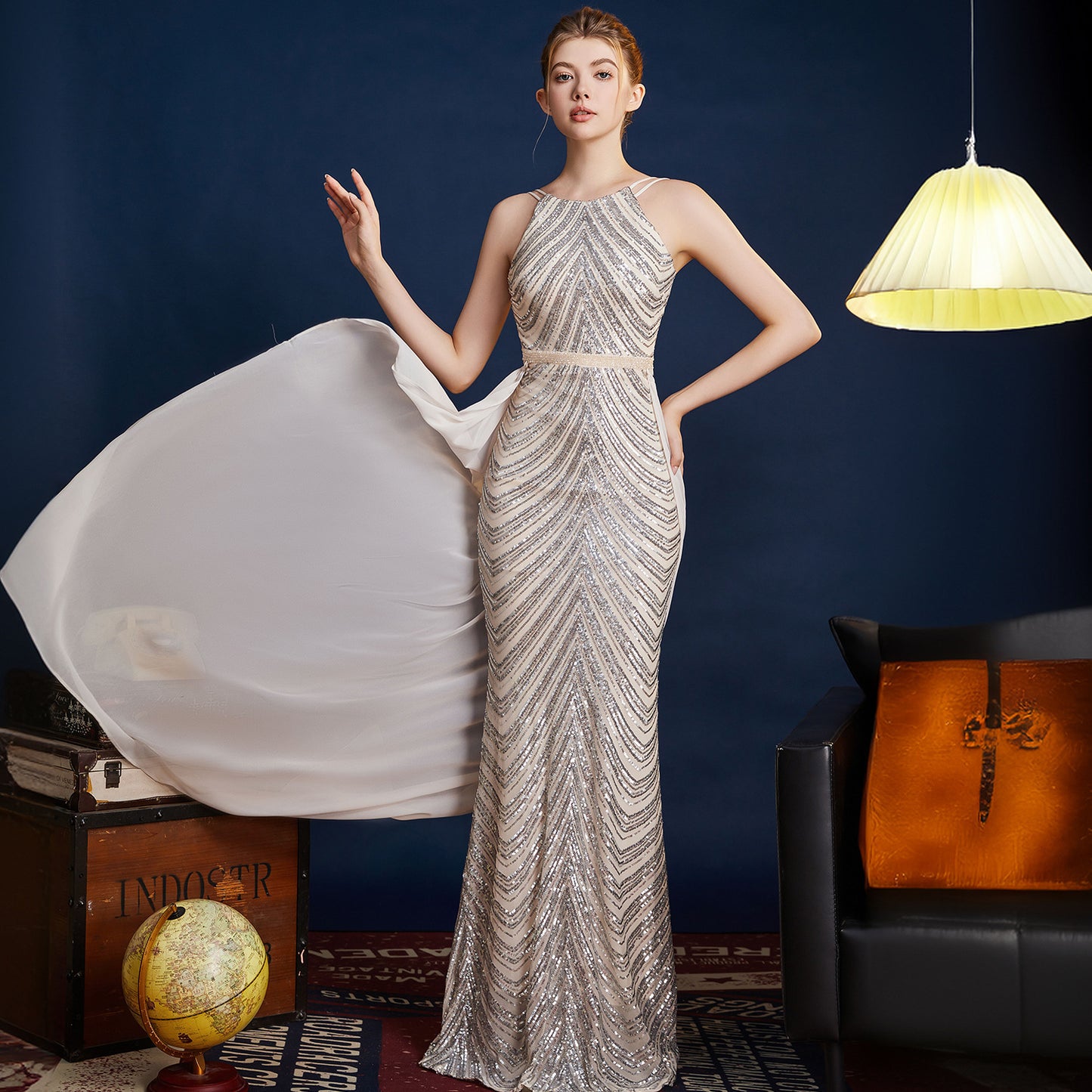 2025 Evening dress dress women's niche light luxury high-end exquisite temperament celebrity style banquet wear slim sequined long dress