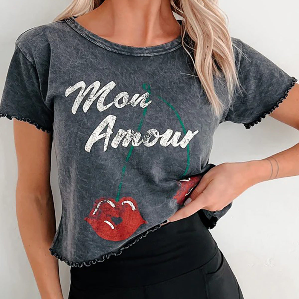 2025 Tide brand New retro old lock edge short T-shirt women's short sleeve summer new design sense printed T-shirt high sense