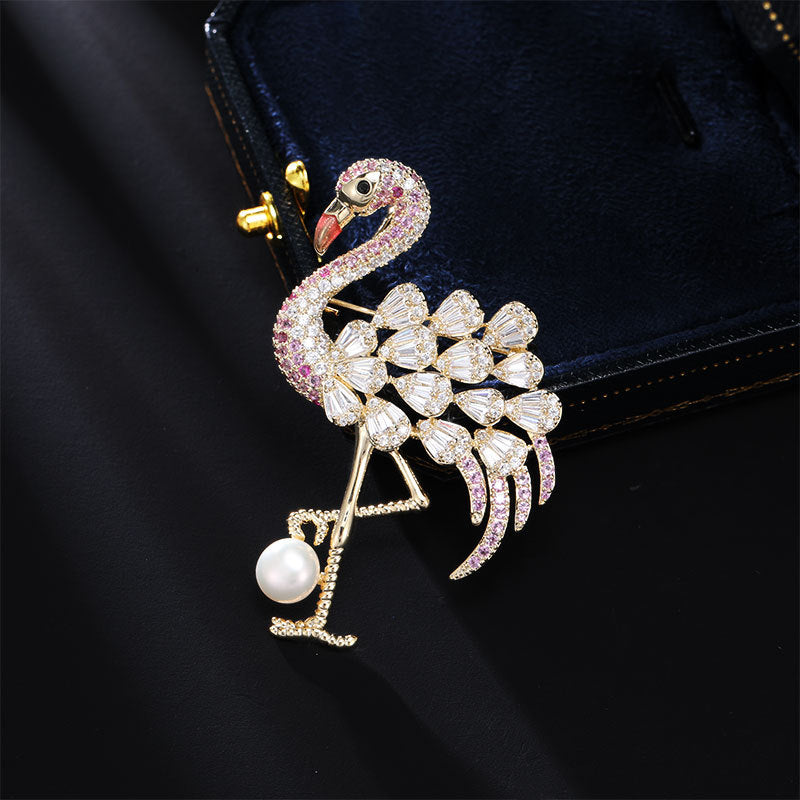 2025 Premium natural freshwater pearl flamingo brooch exquisite zircon fashion elegant brooch suit coat accessories