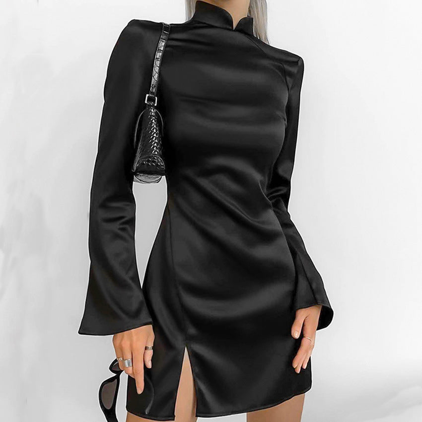 jinran grunge outfits Sexy Backless Bell Sleeve Small Stand Collar New Chinese Style Dress 2024 New Fashion Sheath Skirt