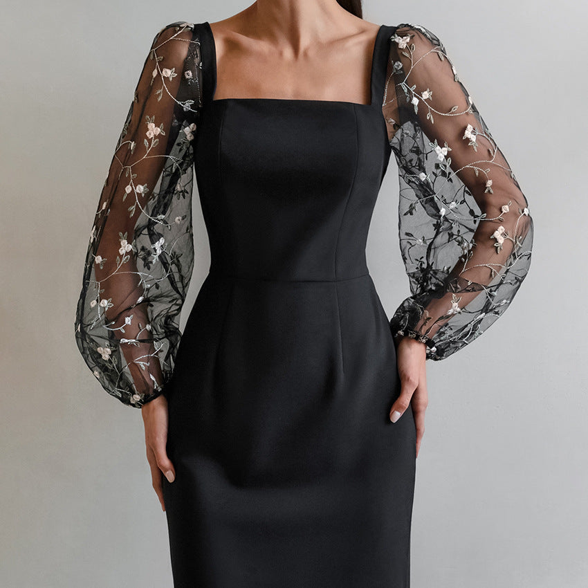 2025 spring casual sexy temperament mesh embroidery perspective square neck bubble sleeve dress New women's clothing