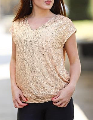 2025 spring and autumn new New shoulder sleeves sequined slim V-neck solid color top T-shirt women