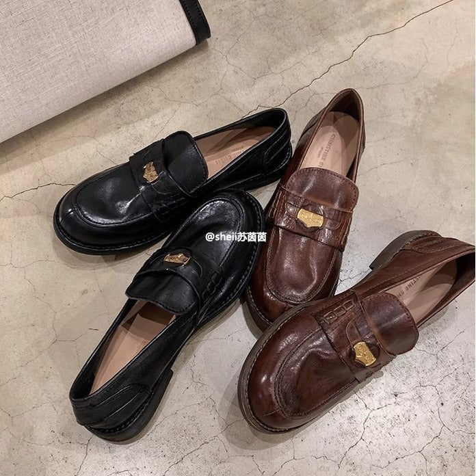 2025 Cowhide version~ Xingshengda shoes make old horse leather retro polished small gold coins thick heel loafers women's small leather shoes