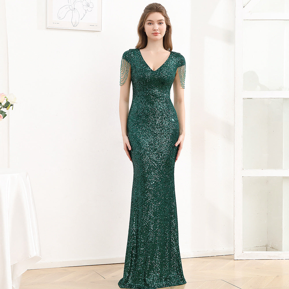 2025 Evening dress dress female black dignified atmosphere host high-end banquet wear sequins thin long fishtail dress