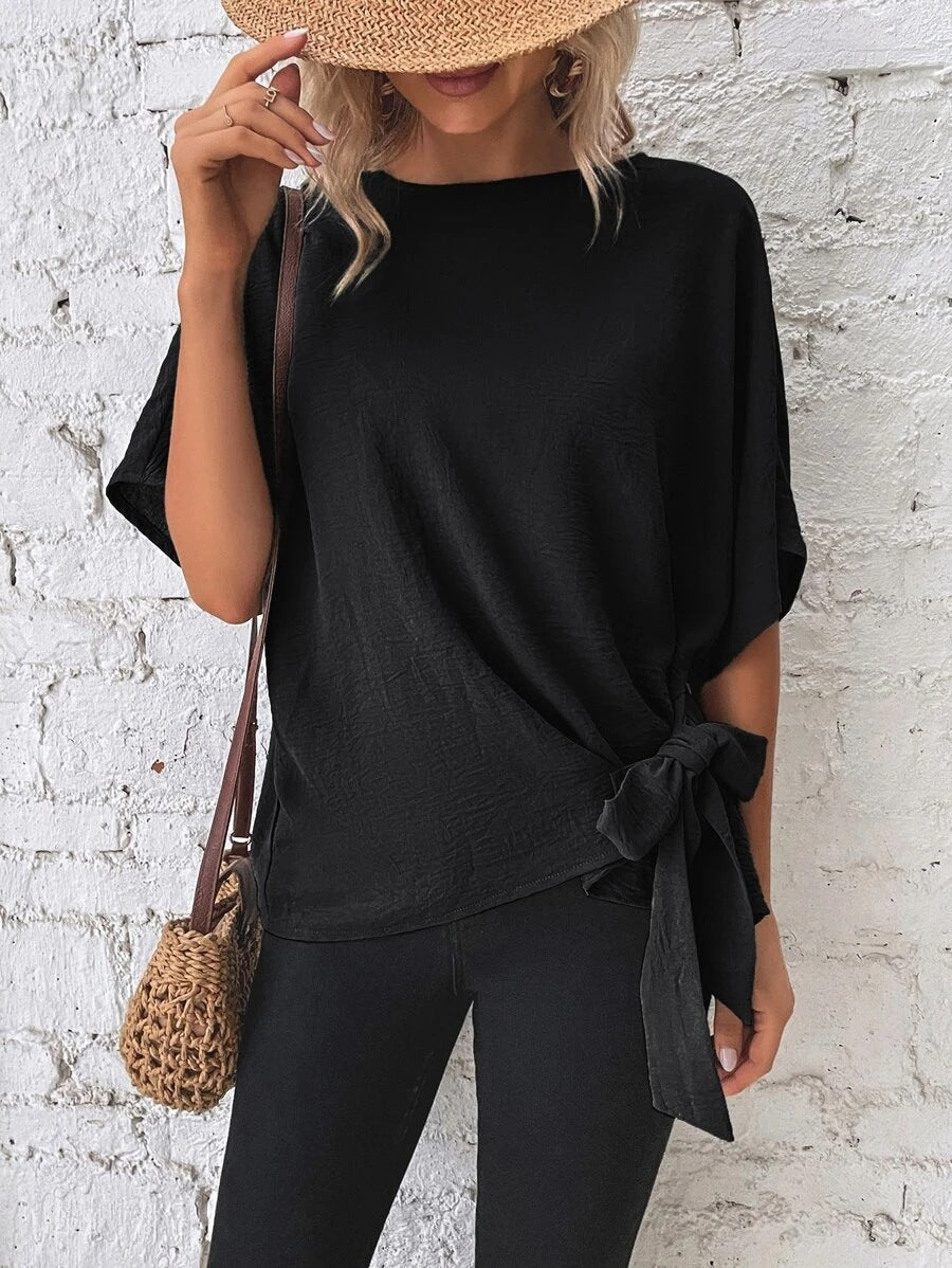 2025 Popular, , New women's clothing summer new solid color bat wing sleeves hem knotted loose t-top