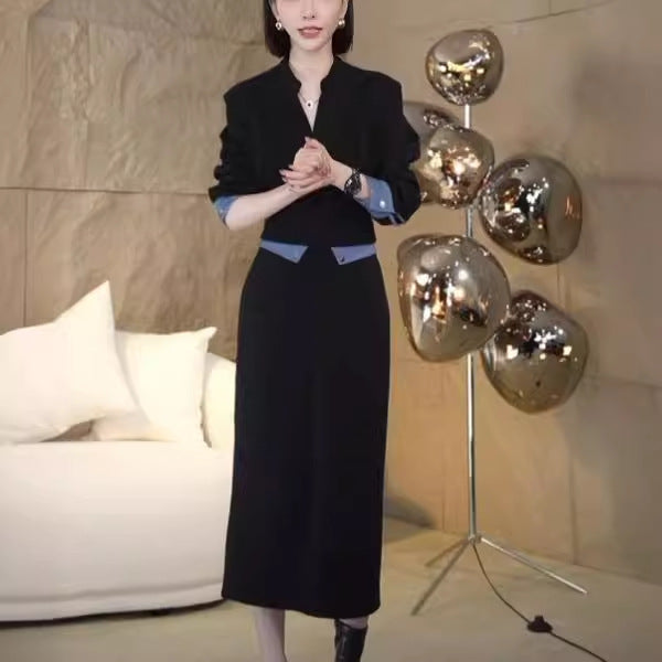 High-end fashion sports sweater set women's autumn Popularan casual long-sleeved splicing top skirt two-piece set
