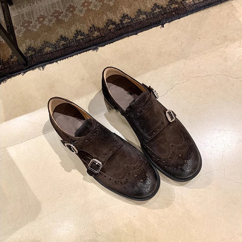 2025 Cowhide version~ Su Yinyin same miu engraved buckle with thick heel temperament versatile Oxford loafer single shoes women's small leather shoes