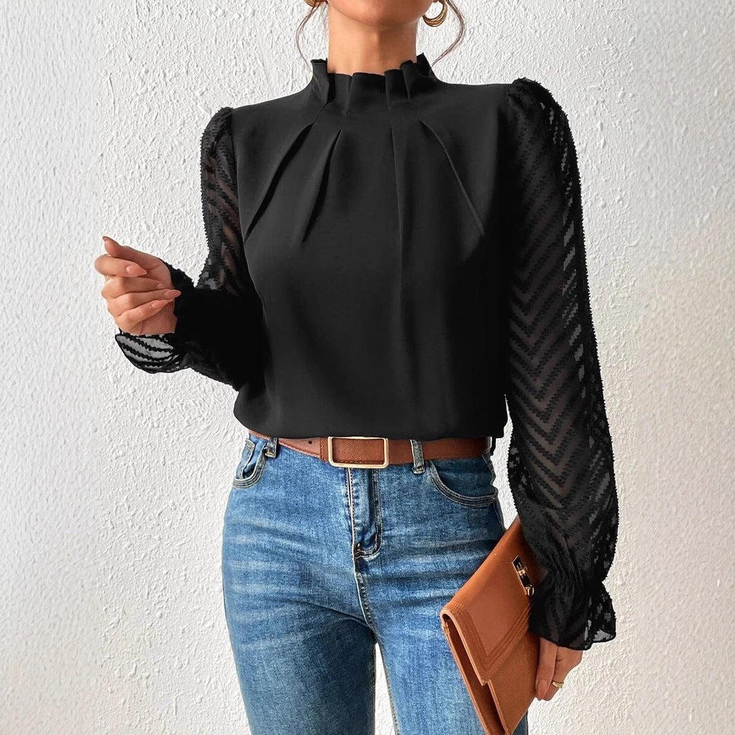 2025 popular Popular, , New women's clothing autumn and winter new semi-turtleneck splicing wavy chiffon long-sleeved top