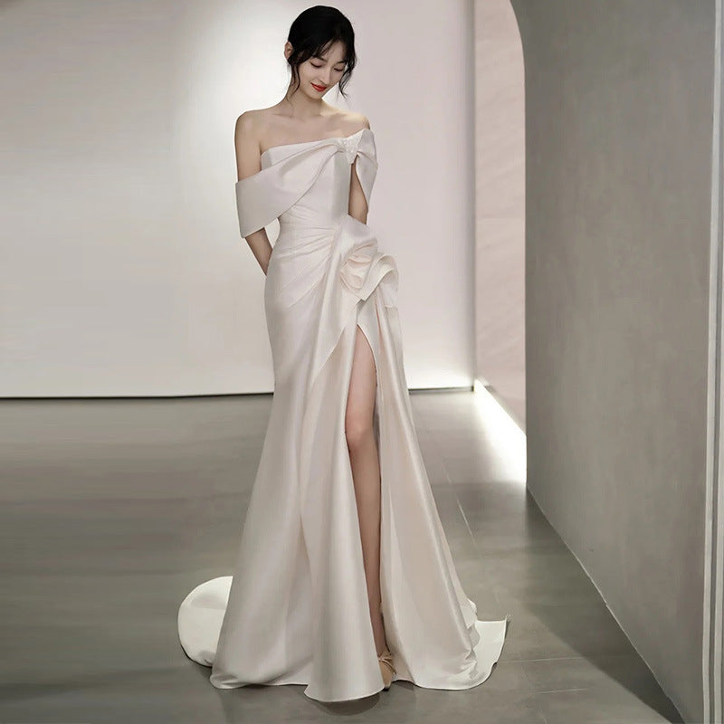 jinran off shoulder off-Shoulder Light Wedding Dress 2024 Summer New Bridal Satin French Simple Elegant Travel Tail Dress