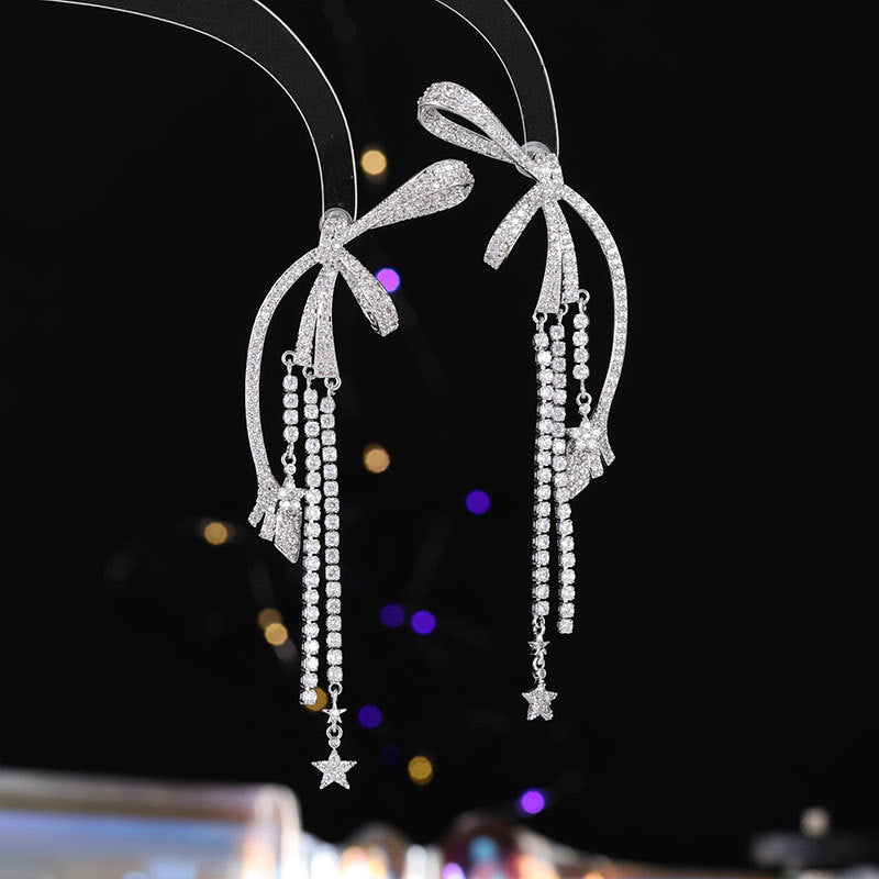 2025 Diamond bow tassel earrings for women luxury long earrings personality exaggerated atmosphere heavy earrings wholesale