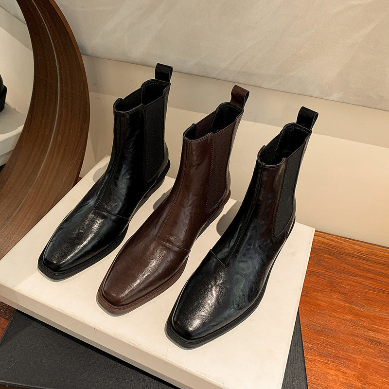 2025 Cowhide version~ 2025 autumn and winter new pointed one-pedal Chelsea short boots fashion British thick heel Martin boots women