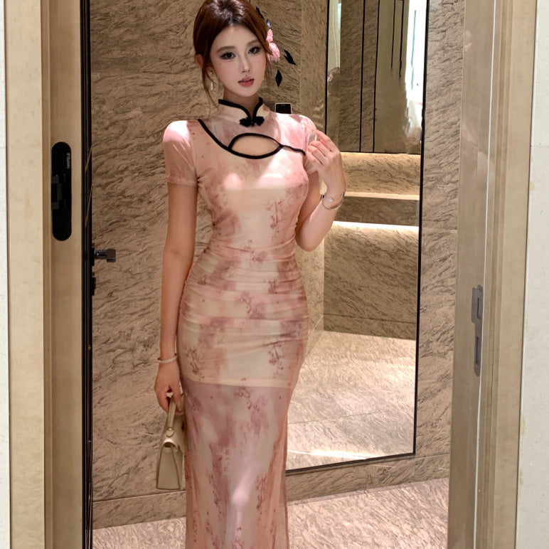 2025 Celebrity women's clothing spring and summer new new Chinese-style improved cheongsam fashion waist and thin dress slim Popular trade