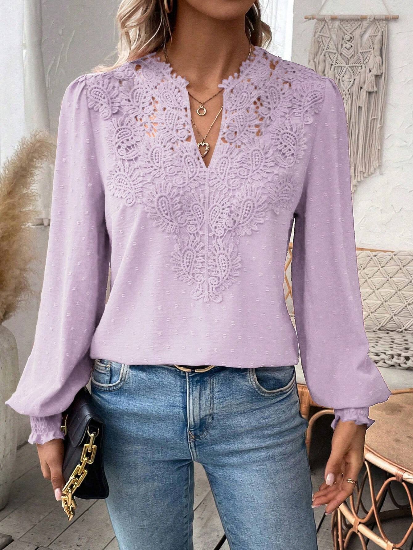 2025 Popular, , New autumn and winter new fashion V-neck lace solid color long-sleeved casual T women's top