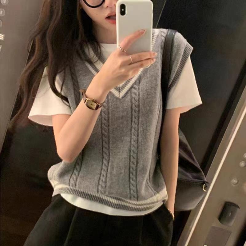 jinran winter outfits Preppy Style Contrast Color V-neck Knitted Vest Women's Clothing Autumn New Design Sleeveless Sweater Vest Top Outer Wear