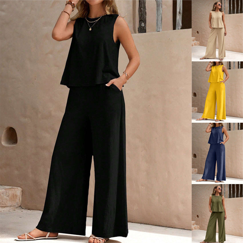 2025 summer new two-piece set women's trend versatile loose pullover round neck casual cotton set women