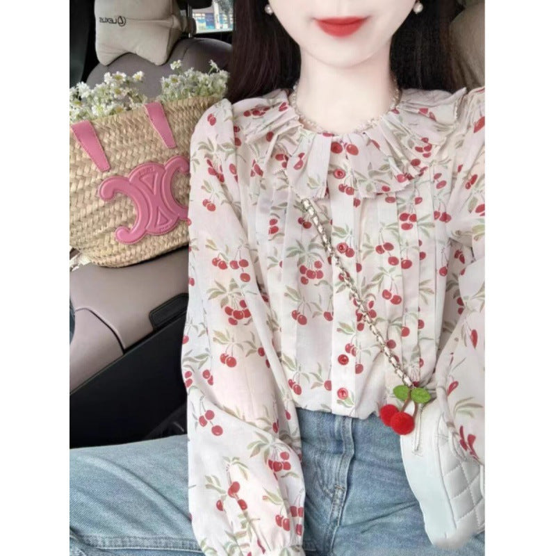 gentle wind ruffle edge doll collar shirt women's spring floral long-sleeved shirt chic temperament shirt top