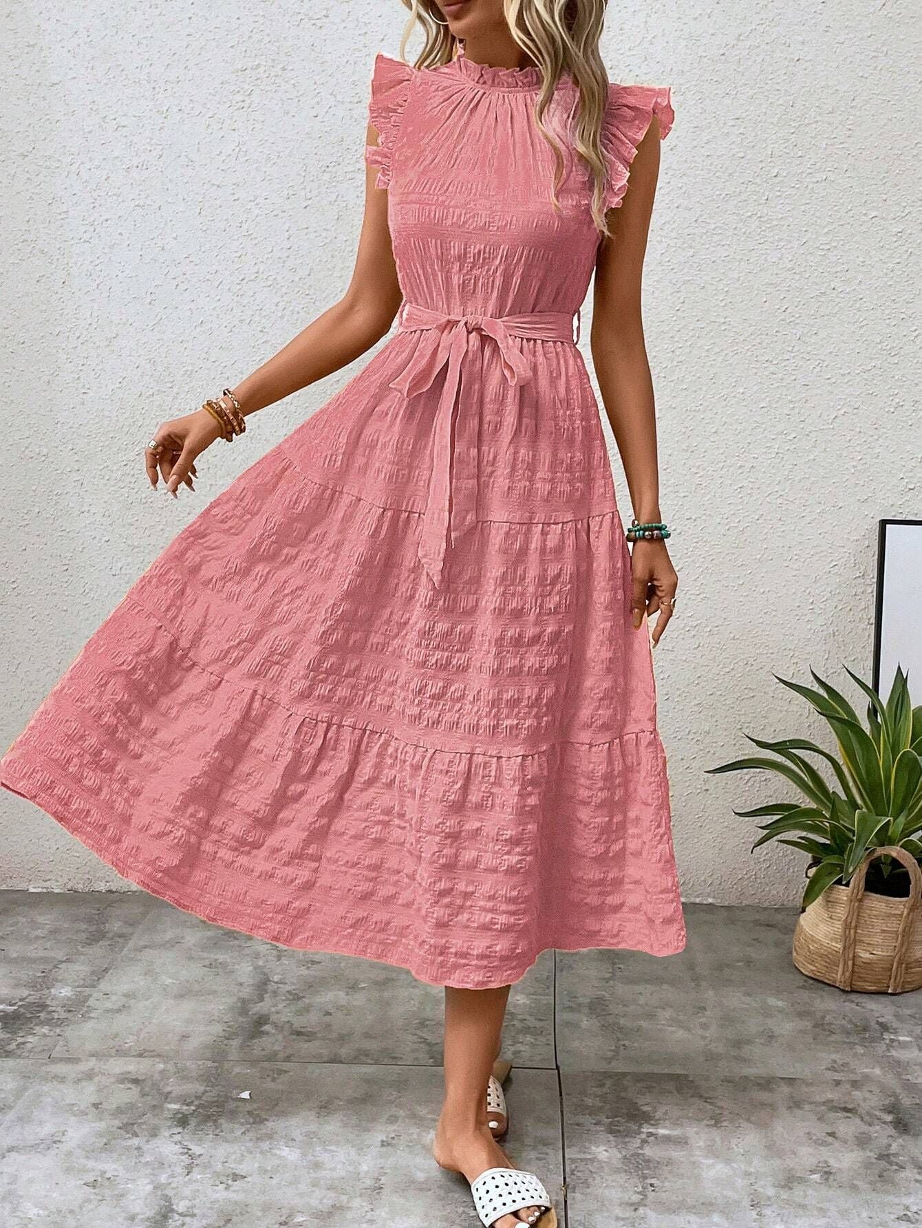 2025 Popular, , New women's clothing summer new fashion fungus edge flying sleeves lace-up textured dress