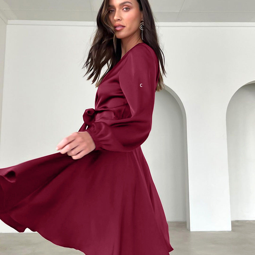 2025 fashion sexy V-neck lantern sleeve satin fabric dress loose long sleeve lace-up short skirt women's solid color