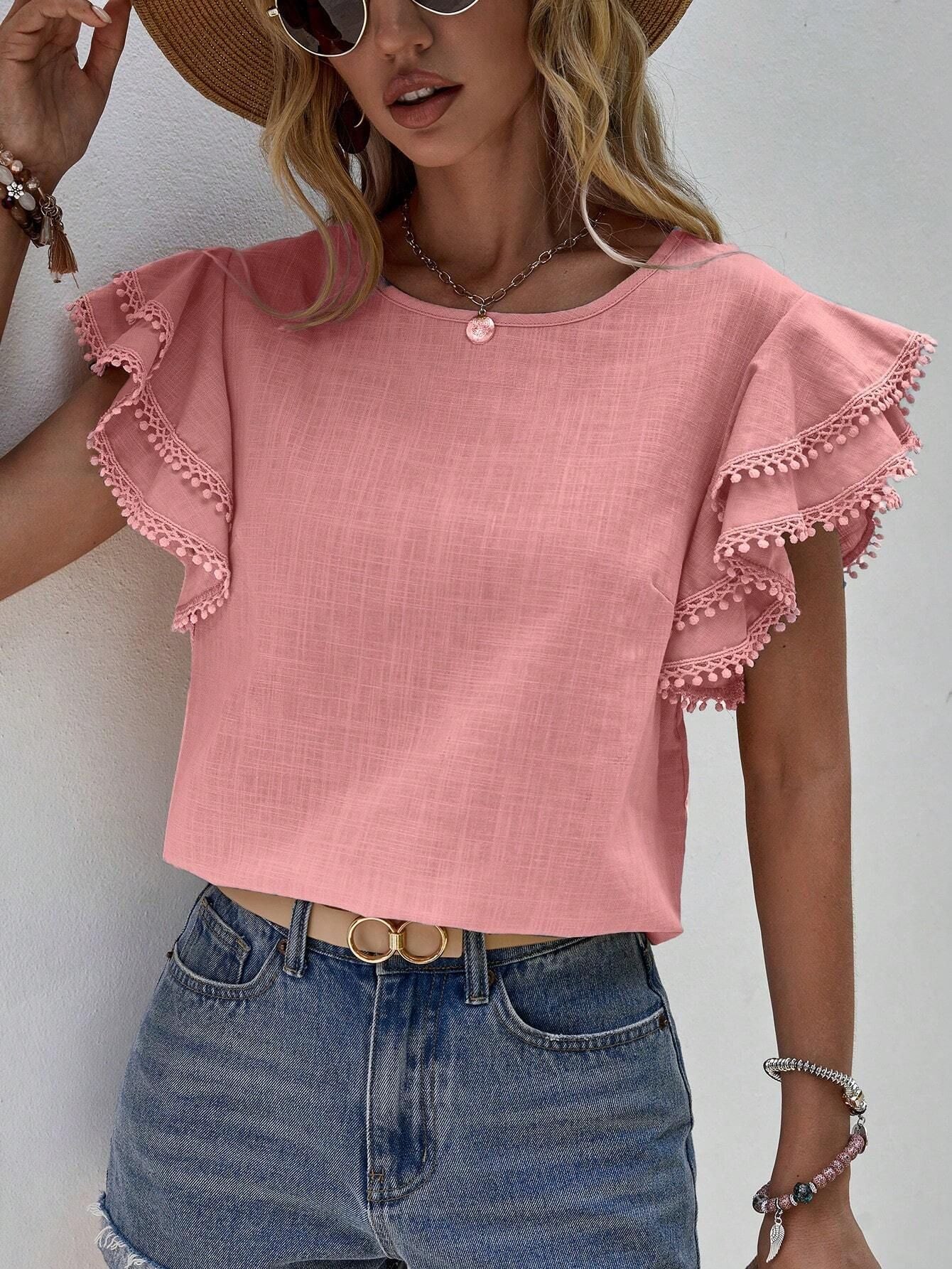 2025 Women's Casual Crew Neck Summer Loose Shirt Lotus Leaf Batman Short Sleeve Top Women