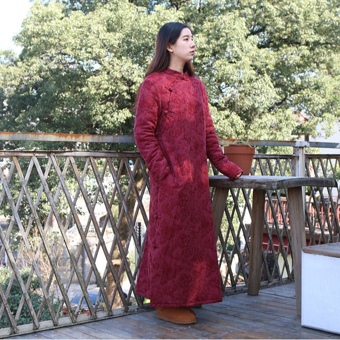 2025 Dark red jacquard disc-buckled cheongsam top women's cotton and linen Chinese Hanfu Orange Zhou Head 150101-3 Chinese style