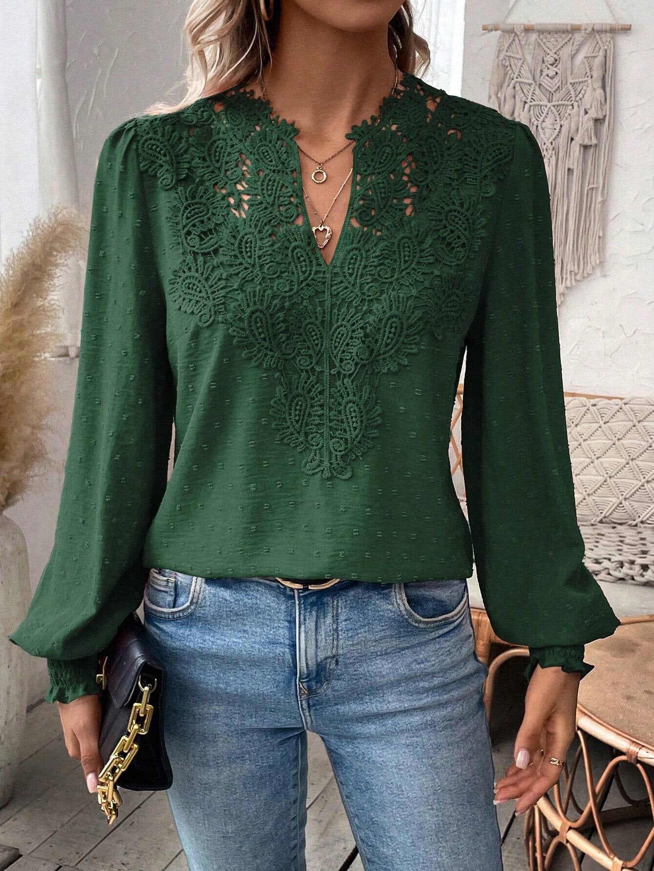 2025 Popular, , New autumn and winter new fashion V-neck lace solid color long-sleeved casual T women's top